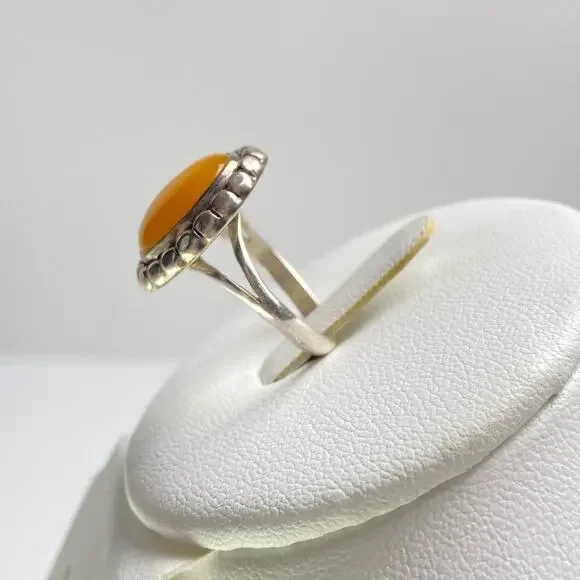 925 Sterling Silver Orange Amber Cabochon Ring Bezel Set Size 7 Boho